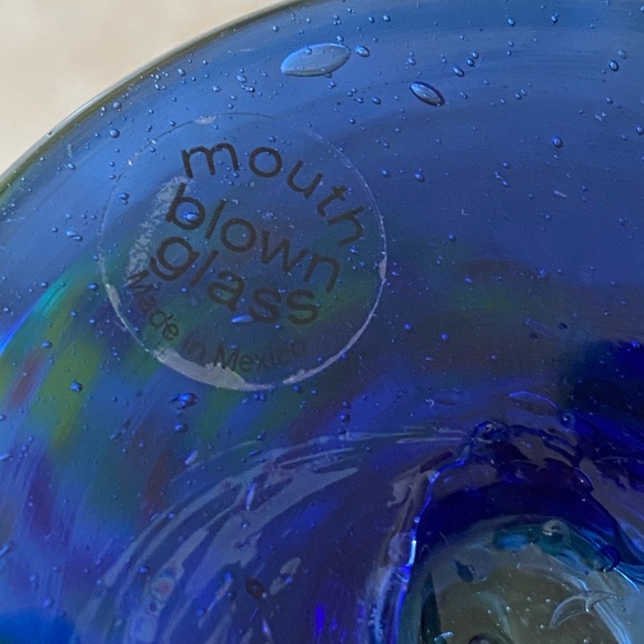 Mexico Mouth Blown Confetti Cobalt Blue Stem Base Margarita Glass Thick Heavy - Picture 12 of 14